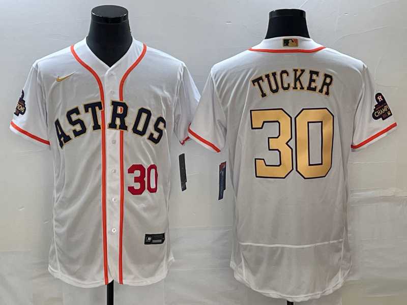 Men%27s Houston Astros #30 Kyle Tucker Number 2023 White Gold World Serise Champions Patch Flex Base Stitched MLB Jersey
